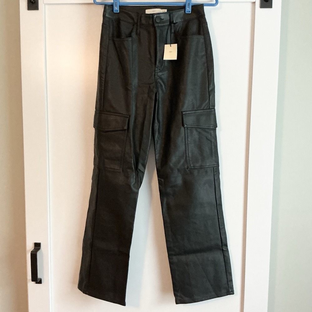 Tgla Vegan Leather Cargo Pants Womens Size 27 Wide Leg Black Grunge Utility